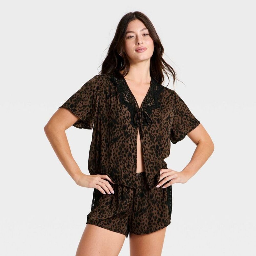 Women's Lace Trim Satin Fly Away Top and Shorts Pajama Set - Auden Brown M